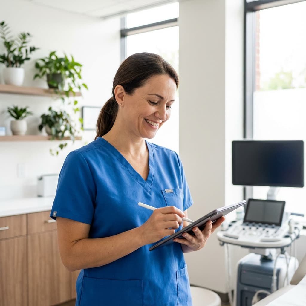 Doctor smiling while using a tablet in a modern medical office